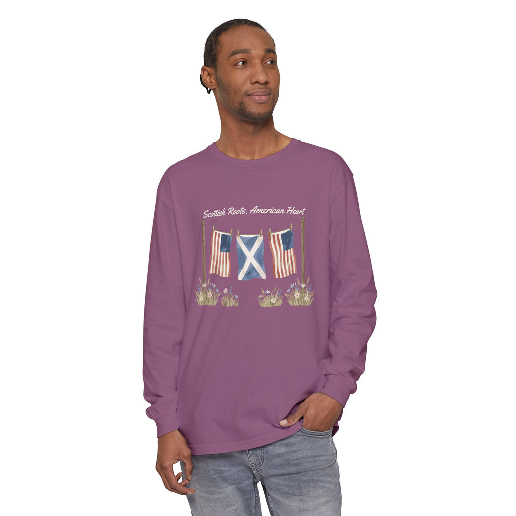Scottish Roots American Heart Watercolor Flags Long Sleeve Tee