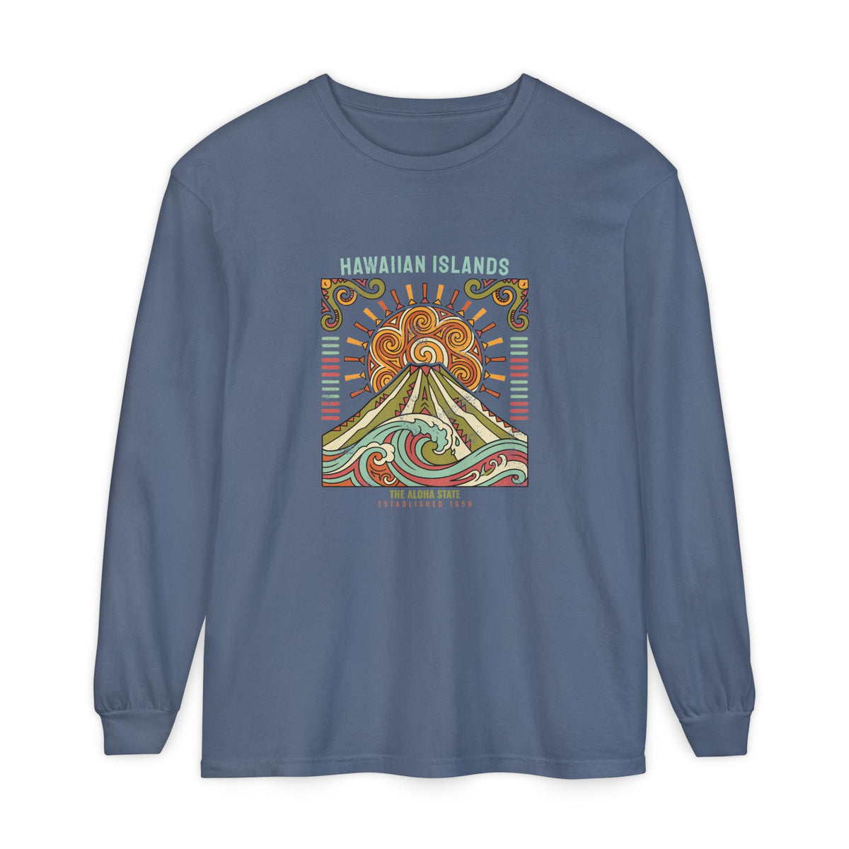 Aloha State Volcano Tattoo Sunrise Wave Long Sleeve Tee