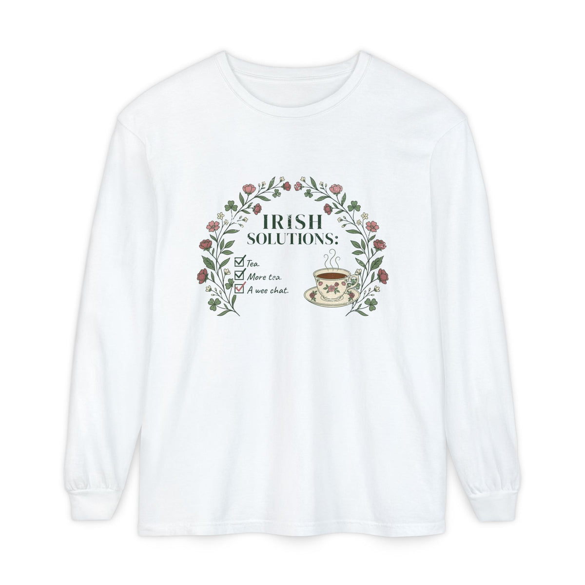 Irish Solutions Tea Cup Wildflowers and Shamrocks Long Sleeve Tee
