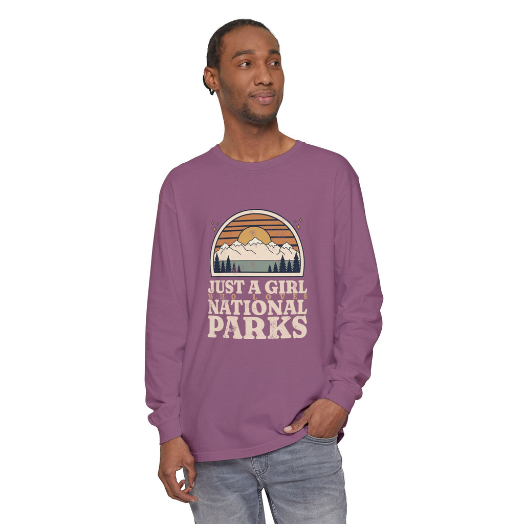 Just a Girl Who Loves National Parks Retro Sunset Long Sleeve Tee