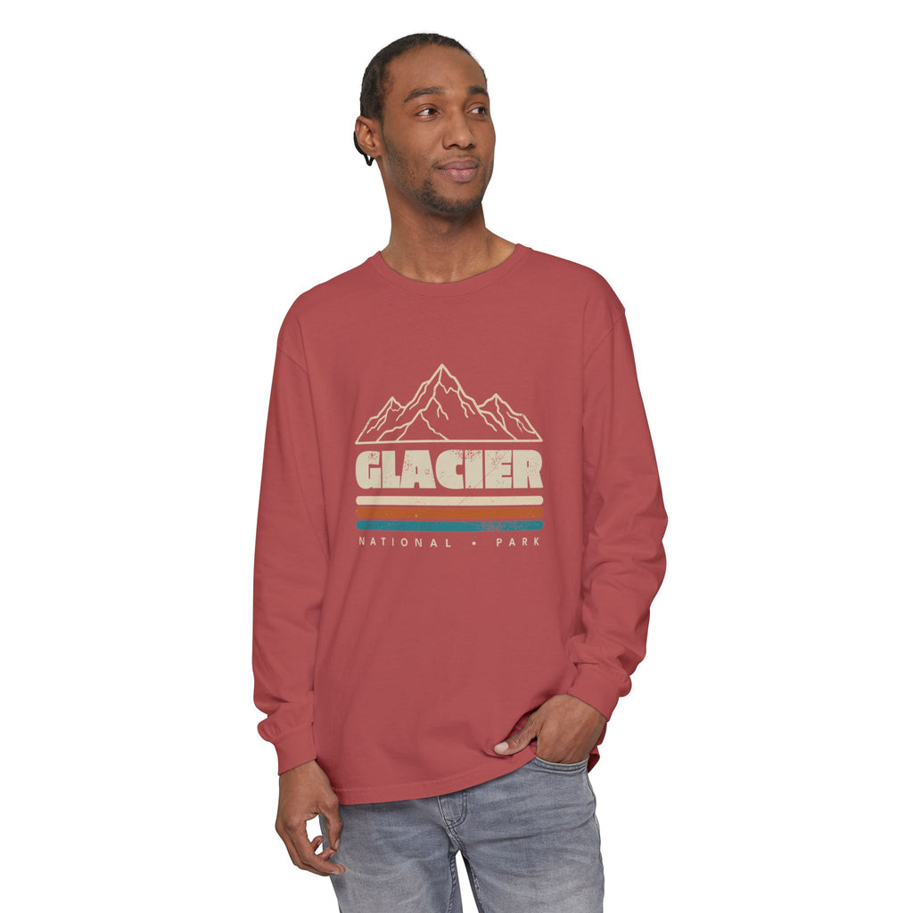 Glacier National Park Retro Mountain Stripes Long Sleeve Tee
