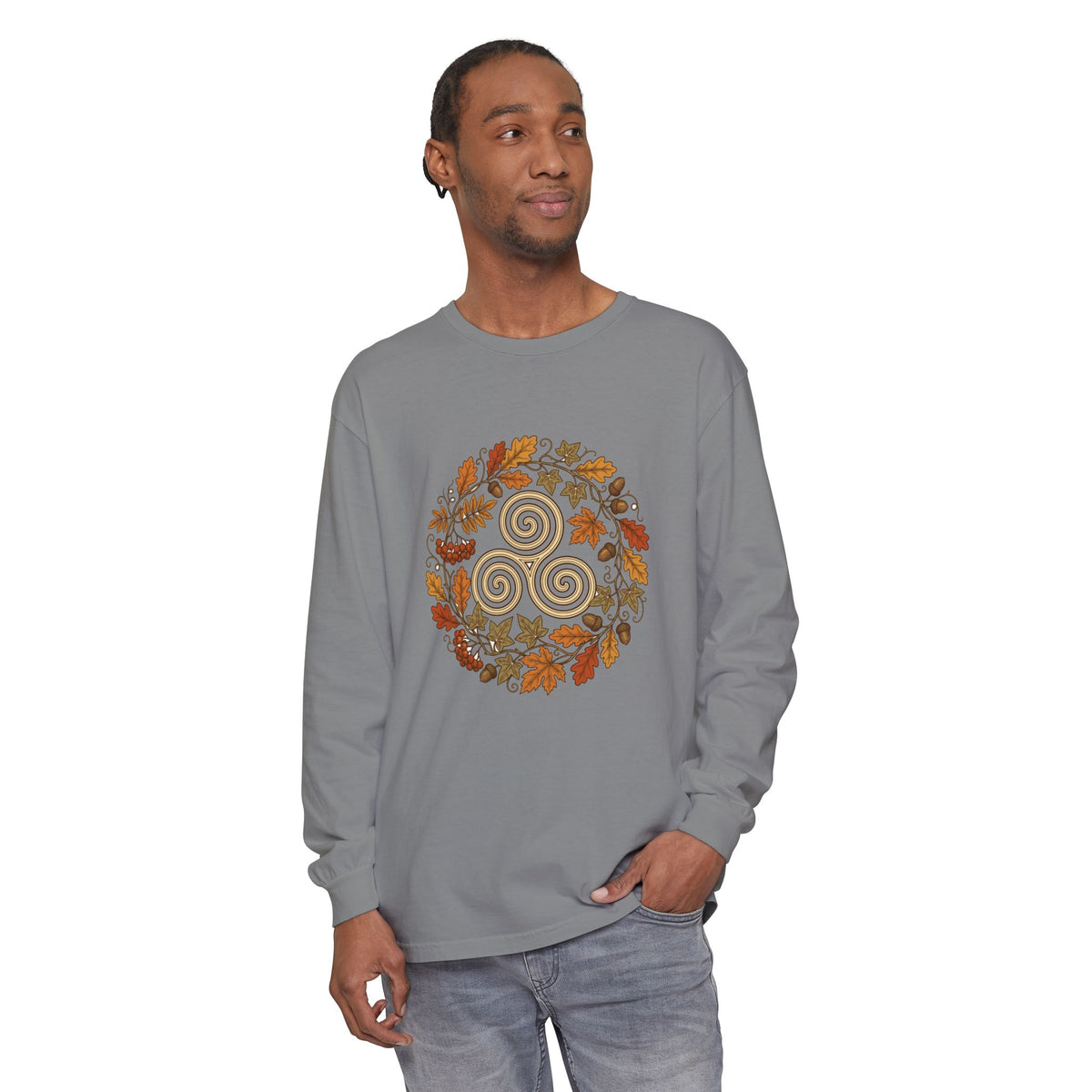 Celtic Autumn Spiral Leaf Wreath Long Sleeve Tee