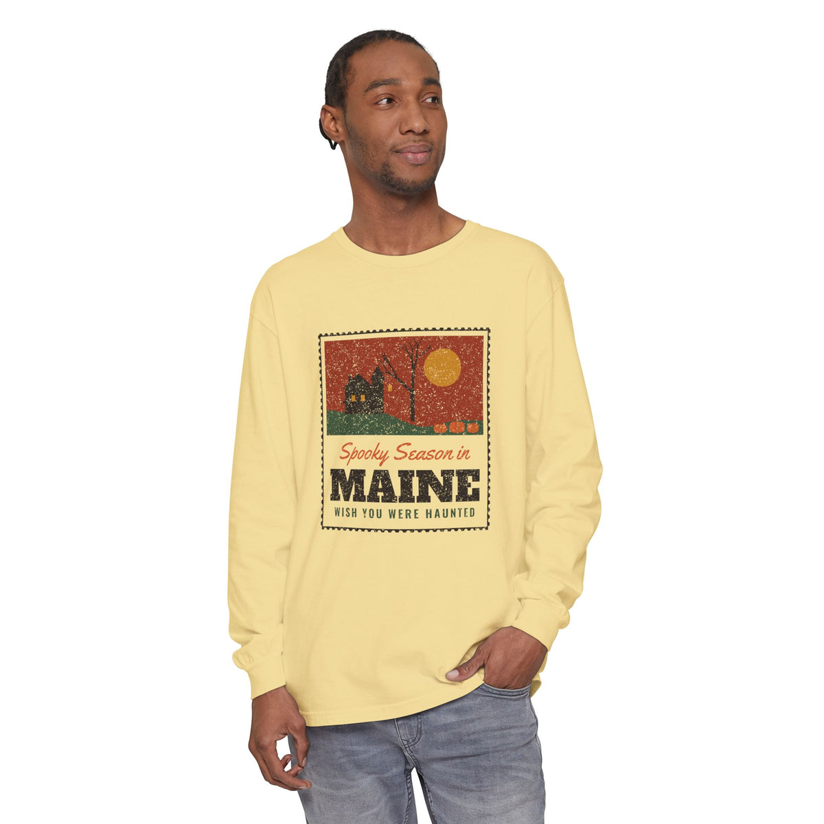 Spooky Season in Maine Haunted Postcard Long Sleeve Tee