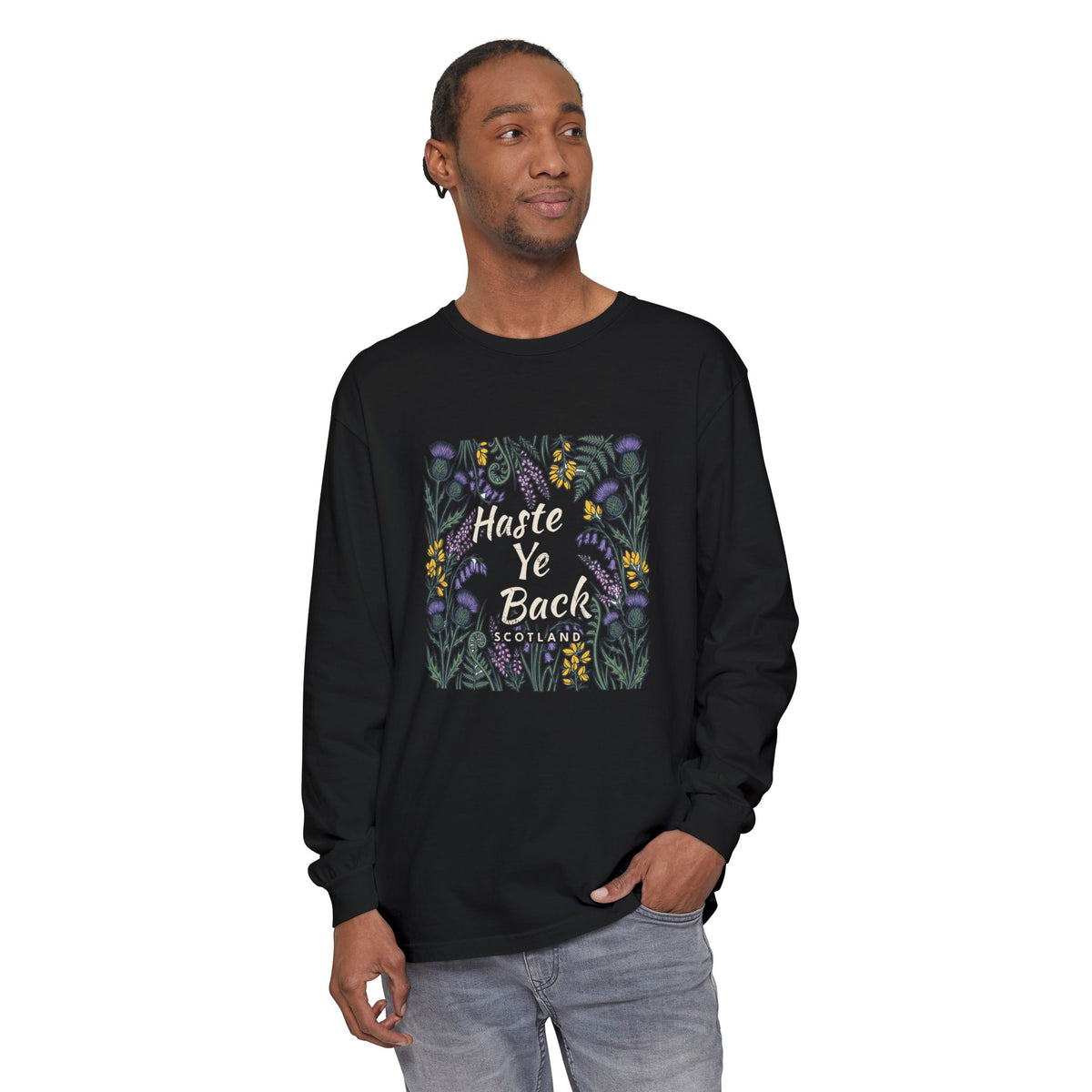 Haste Ye Back Scotland Thistle Wildflowers Long Sleeve Tee