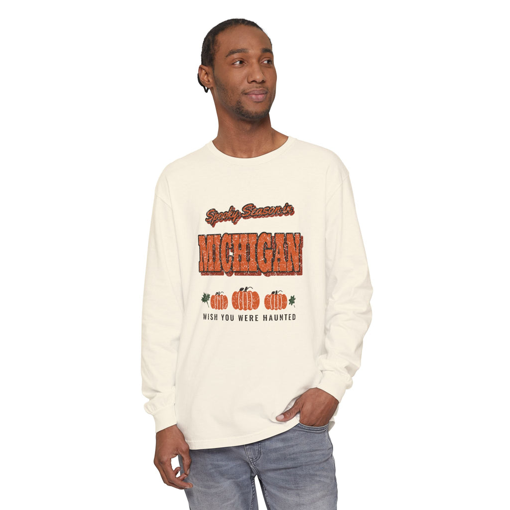 Spooky Season in Michigan Vintage Postcard Long Sleeve Tee