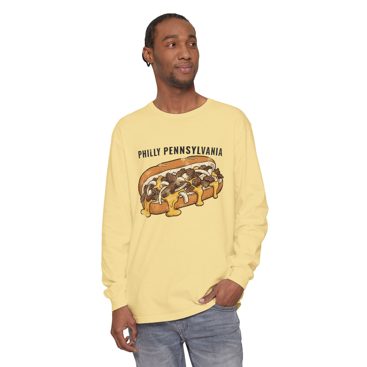 Philly Cheesesteak Retro Food Illustration Long Sleeve Tee