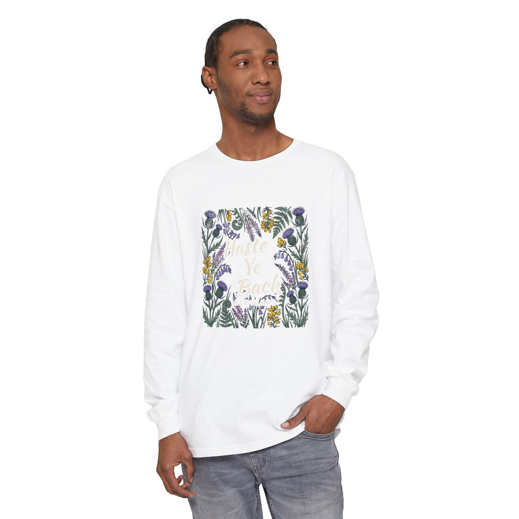 Haste Ye Back Scotland Thistle Wildflowers Long Sleeve Tee