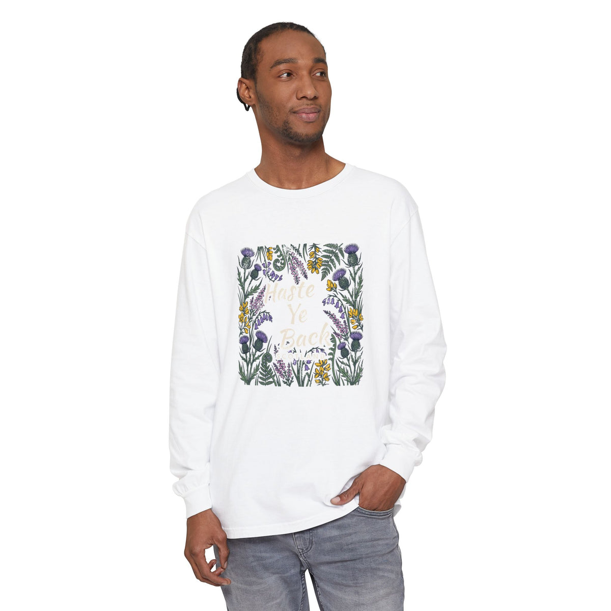 Haste Ye Back Scotland Thistle Wildflowers Long Sleeve Tee
