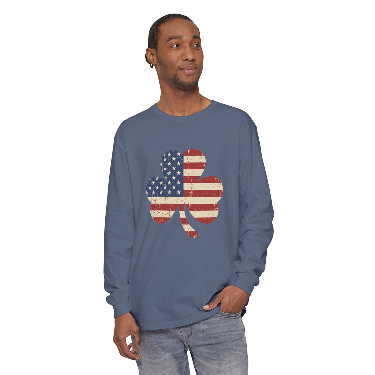 Irish American Flag Shamrock Distressed Vintage Long Sleeve Tee