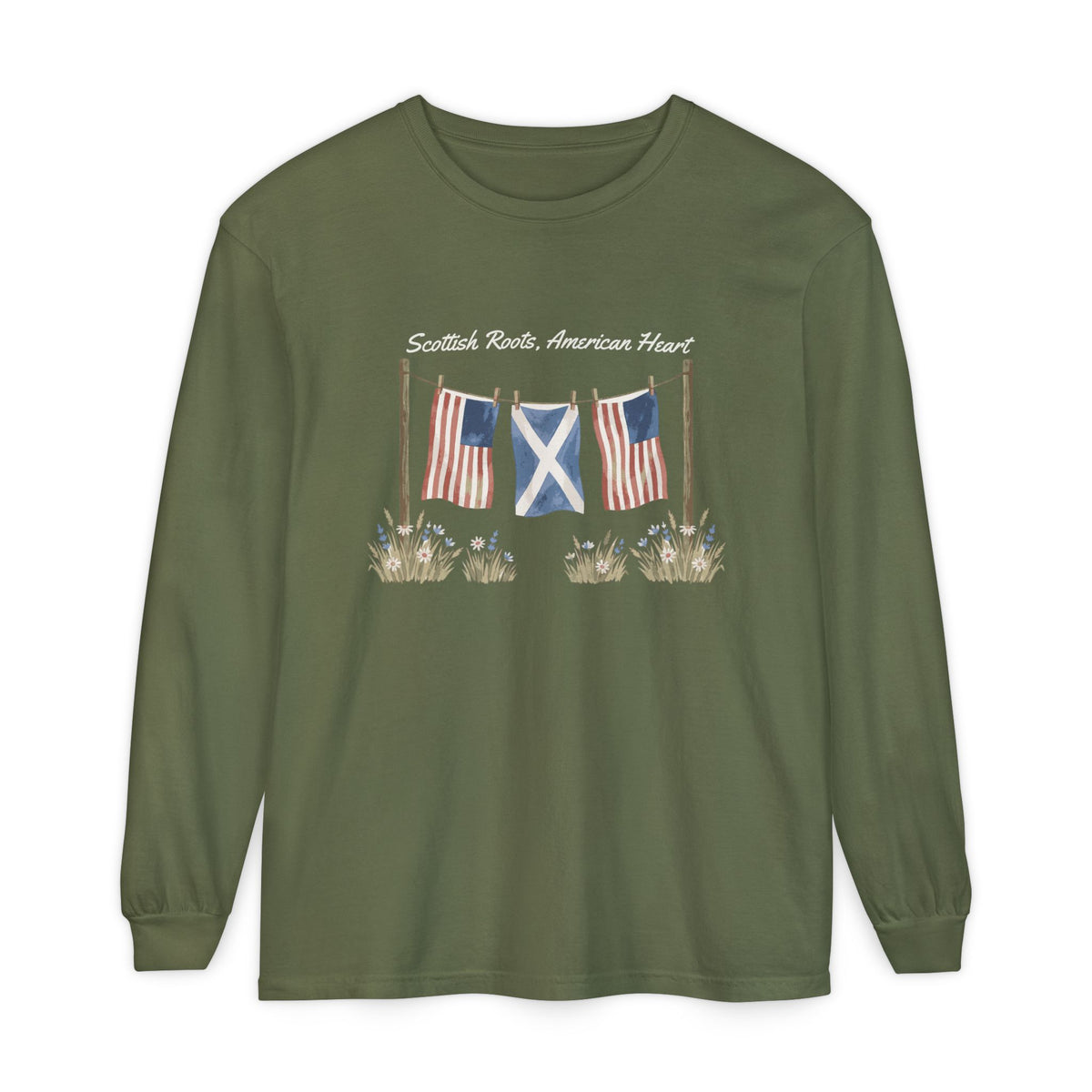 Scottish Roots American Heart Watercolor Flags Long Sleeve Tee