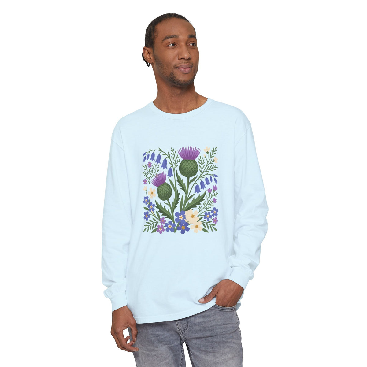 Scottish Thistle Floral Folk Art Bluebells Long Sleeve Tee