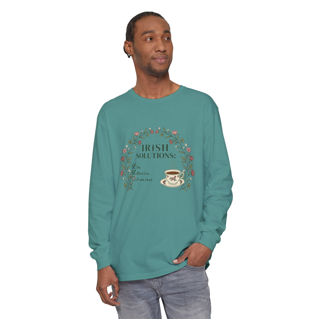 Irish Solutions Tea Cup Wildflowers and Shamrocks Long Sleeve Tee