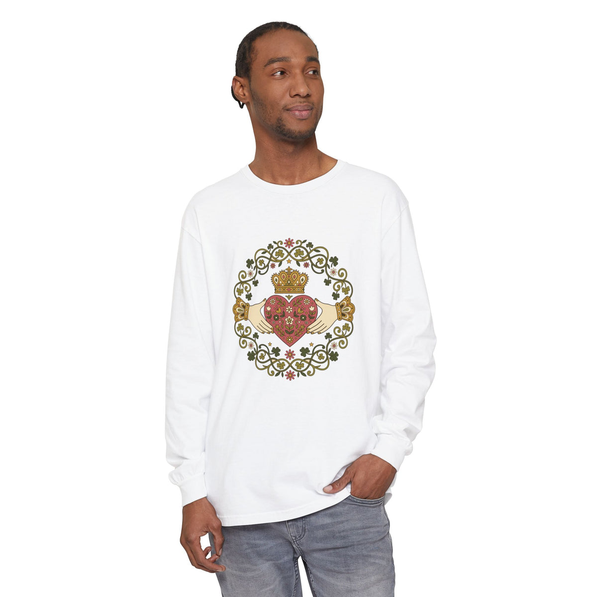 Claddagh Florals Folk Art Shamrock Wreath Long Sleeve Tee