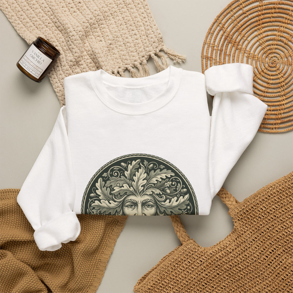 Green Man Oak Leaf and Acorn Medallion Crewneck Sweatshirt