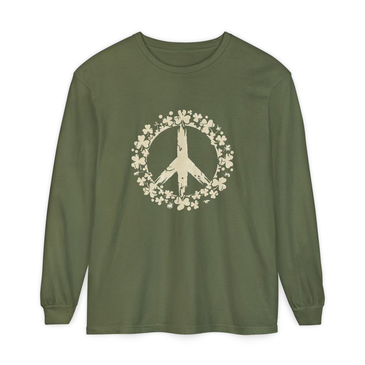 Shamrock Peace Sign Wreath Distressed Long Sleeve Tee