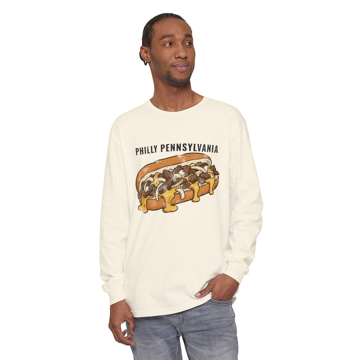Philly Cheesesteak Retro Food Illustration Long Sleeve Tee