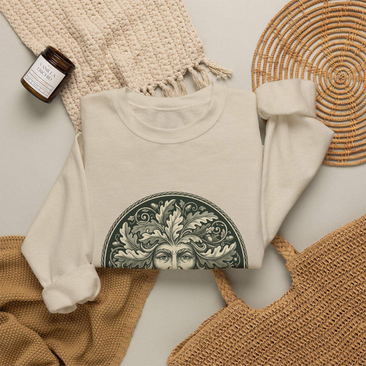 Green Man Oak Leaf and Acorn Medallion Crewneck Sweatshirt