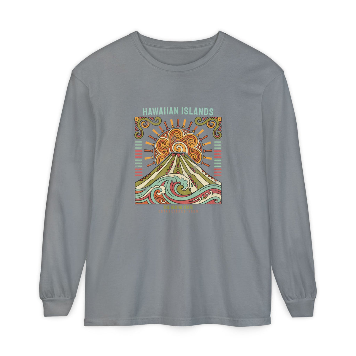 Aloha State Volcano Tattoo Sunrise Wave Long Sleeve Tee