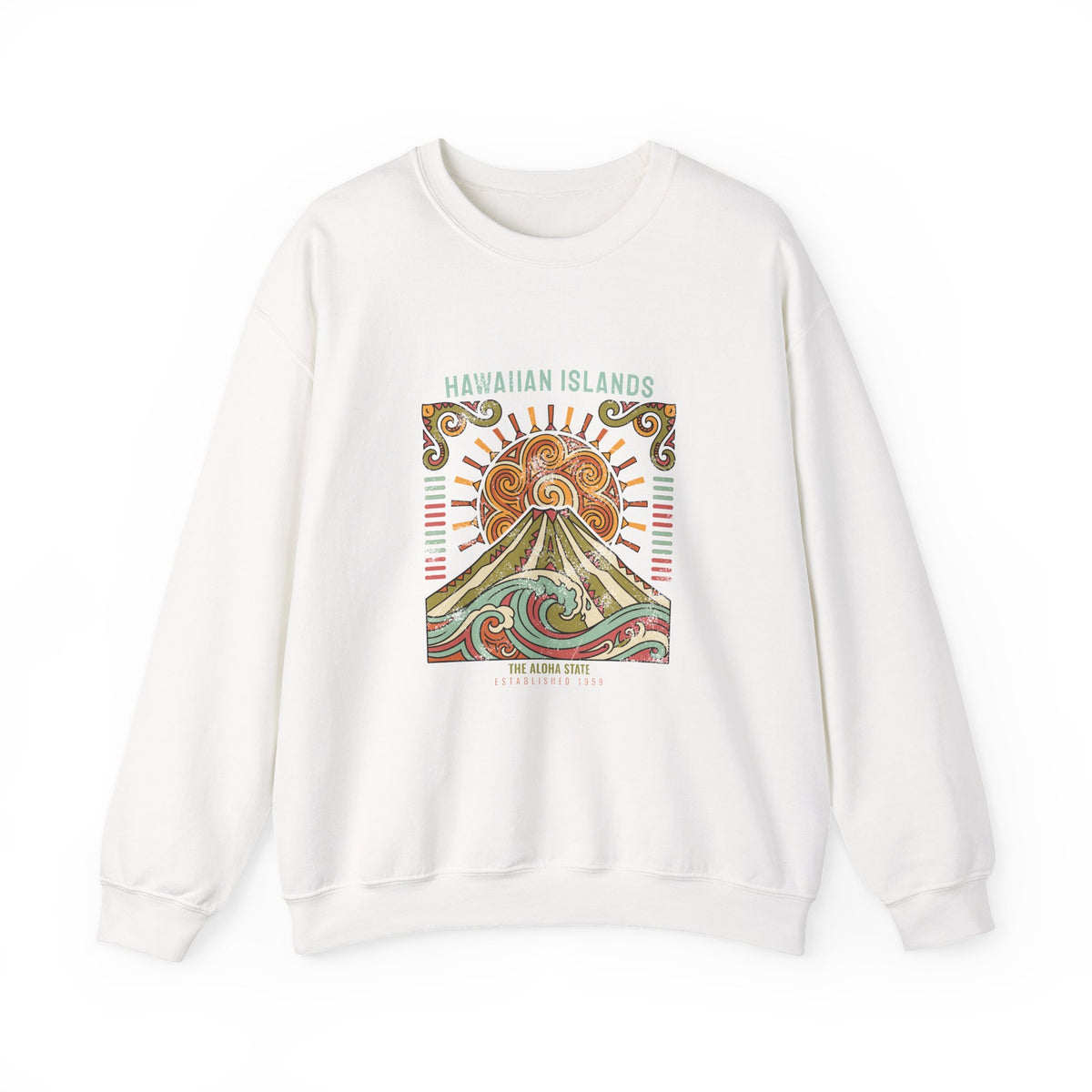 Aloha State Volcano Tattoo Sunrise Wave Crewneck Sweatshirt
