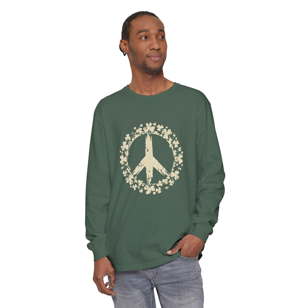 Shamrock Peace Sign Wreath Distressed Long Sleeve Tee