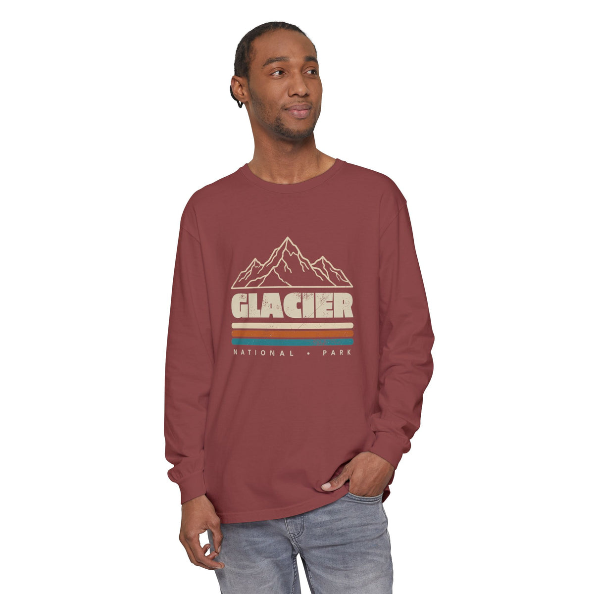 Glacier National Park Retro Mountain Stripes Long Sleeve Tee