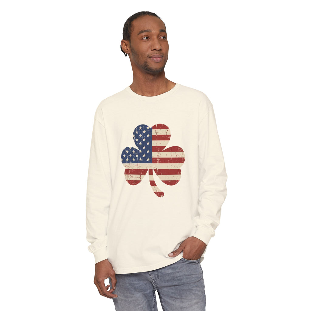 Irish American Flag Shamrock Distressed Vintage Long Sleeve Tee