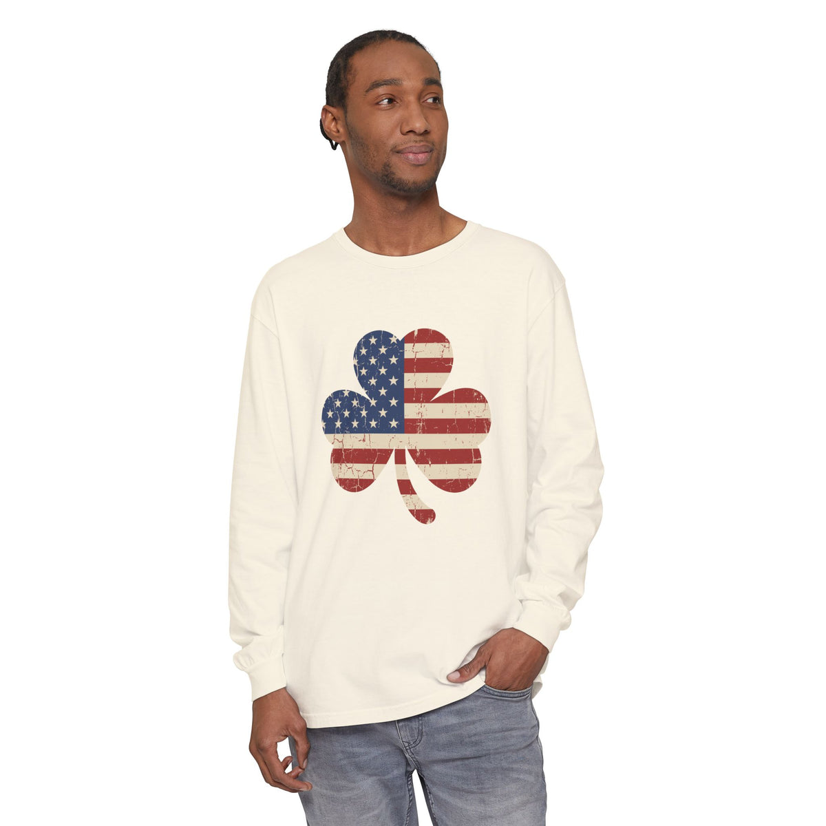 Irish American Flag Shamrock Distressed Vintage Long Sleeve Tee
