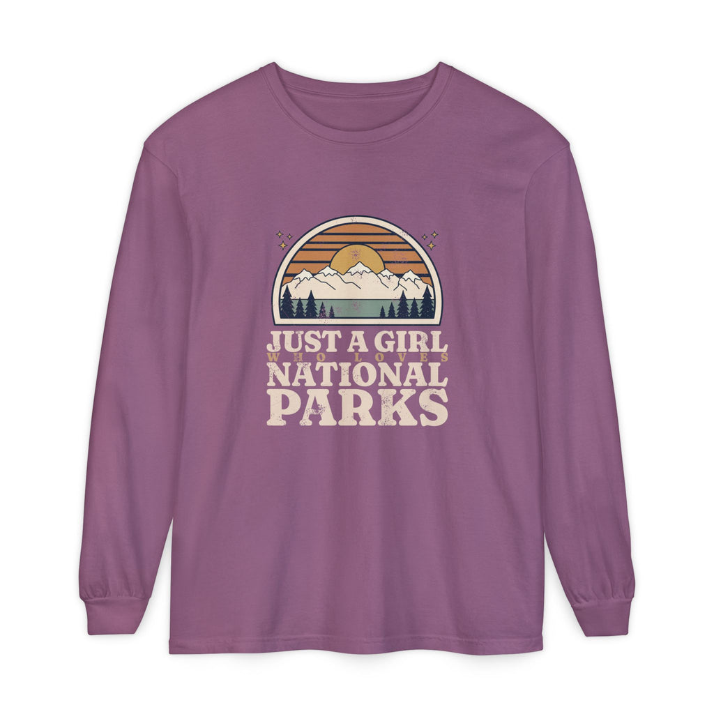 Just a Girl Who Loves National Parks Retro Sunset Long Sleeve Tee