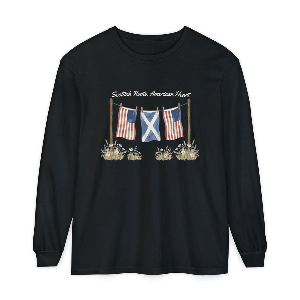 Scottish Roots American Heart Watercolor Flags Long Sleeve Tee