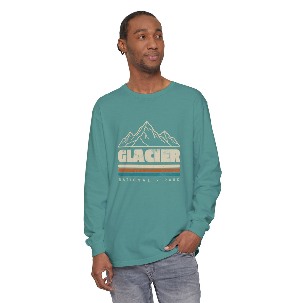 Glacier National Park Retro Mountain Stripes Long Sleeve Tee