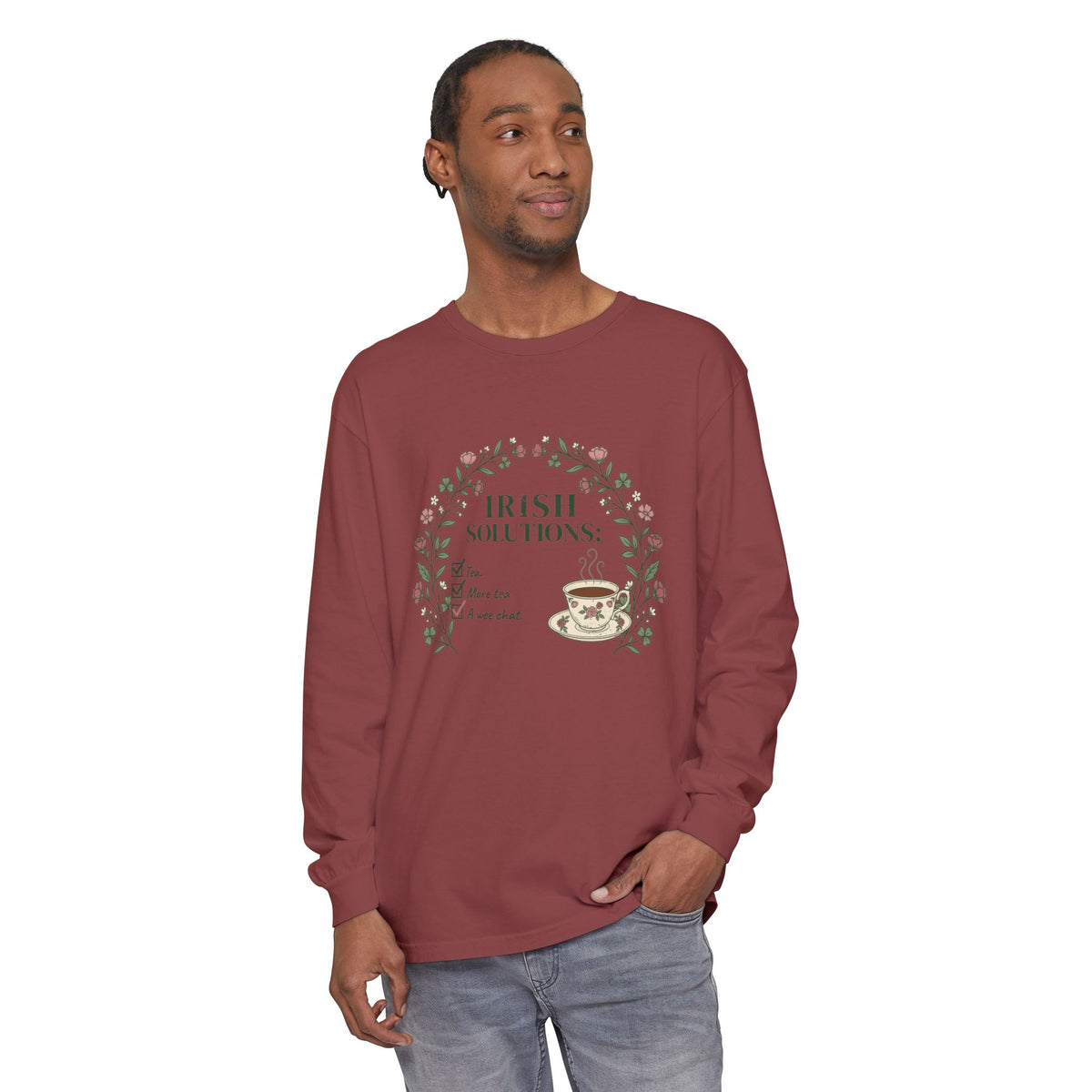 Irish Solutions Tea Cup Wildflowers and Shamrocks Long Sleeve Tee
