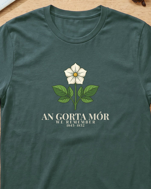 An Gorta Mór We Remember 1845-1852 Potato Blossom T-Shirt (close-up)