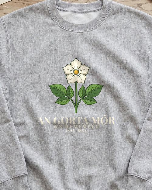 An Gorta Mór We Remember 1845-1852 Potato Blossom Crewneck Sweatshirt (close-up)