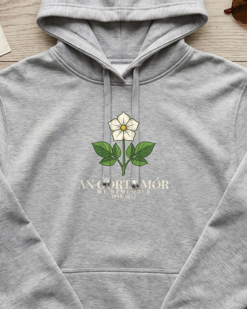 An Gorta Mór We Remember 1845-1852 Potato Blossom Hoodie (close-up)