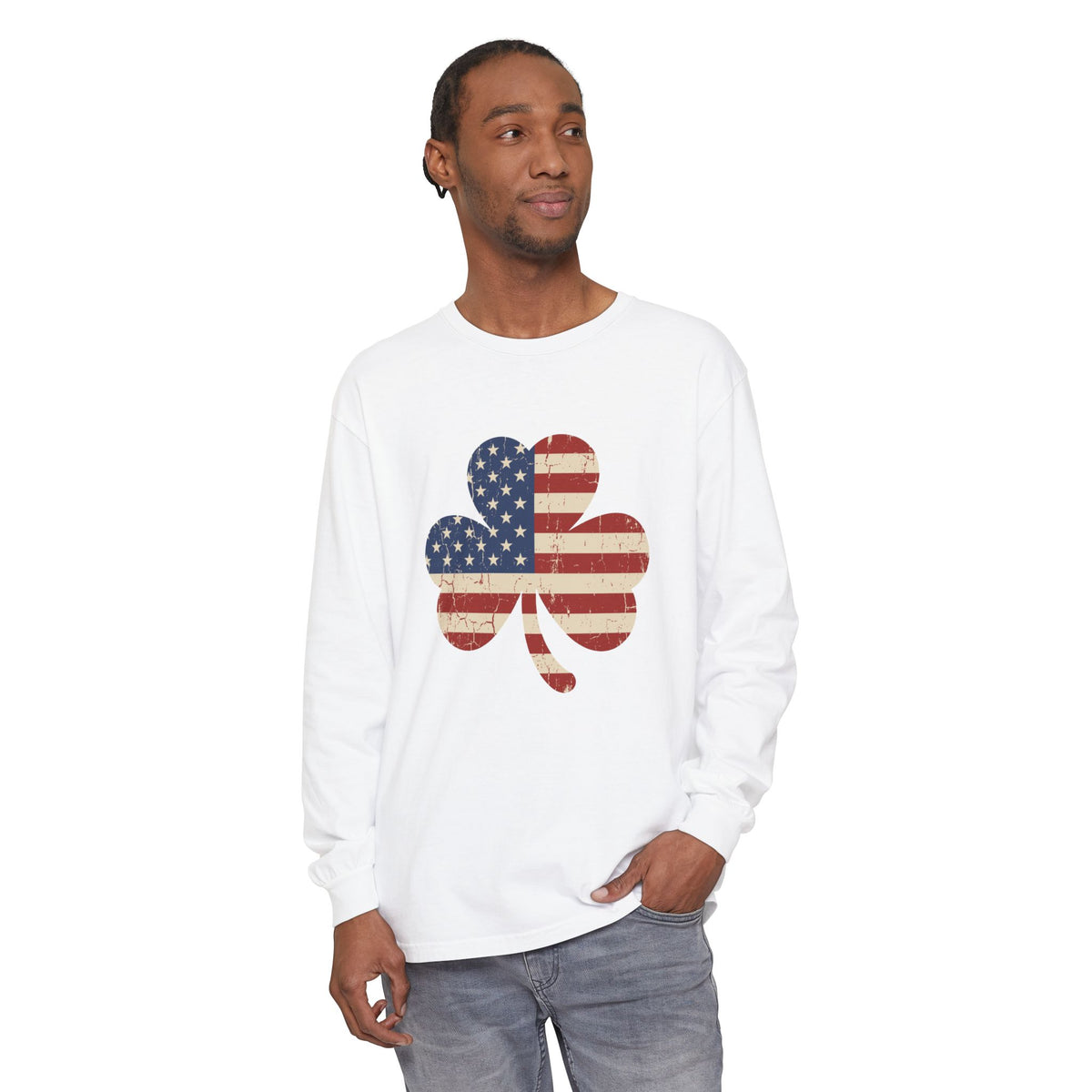Irish American Flag Shamrock Distressed Vintage Long Sleeve Tee