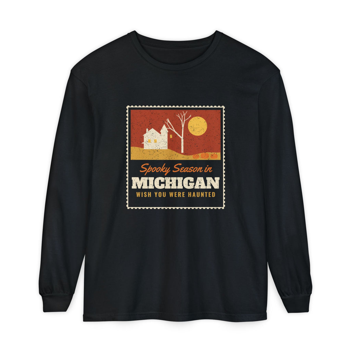 Spooky Season in Michigan Haunted Postcard Long Sleeve Tee