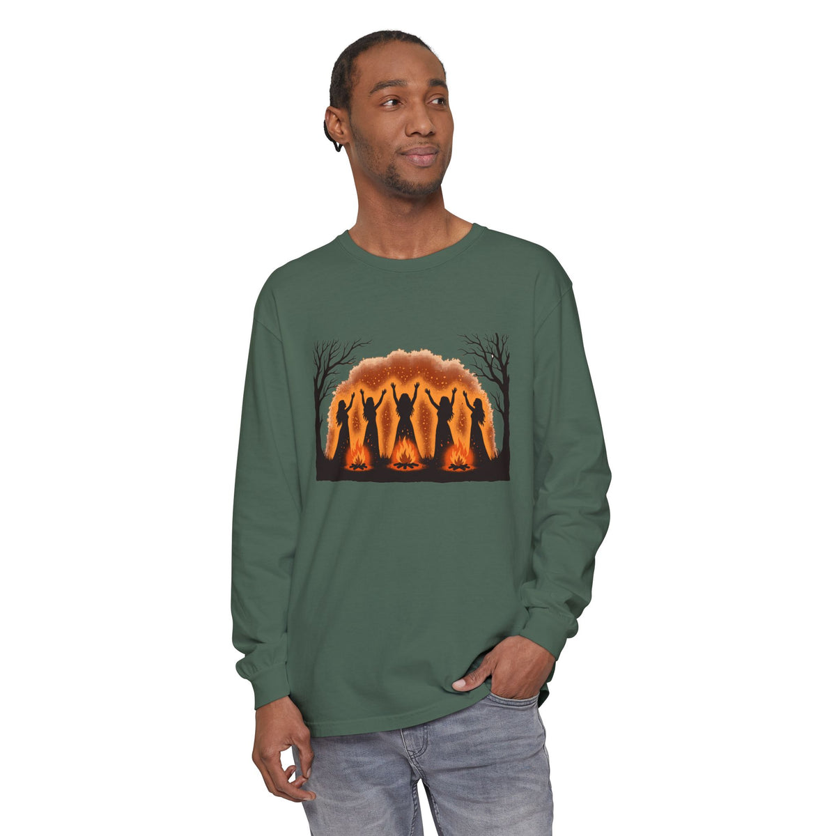 Women Dancing Around Bonfires Night Silhouettes Long Sleeve Tee