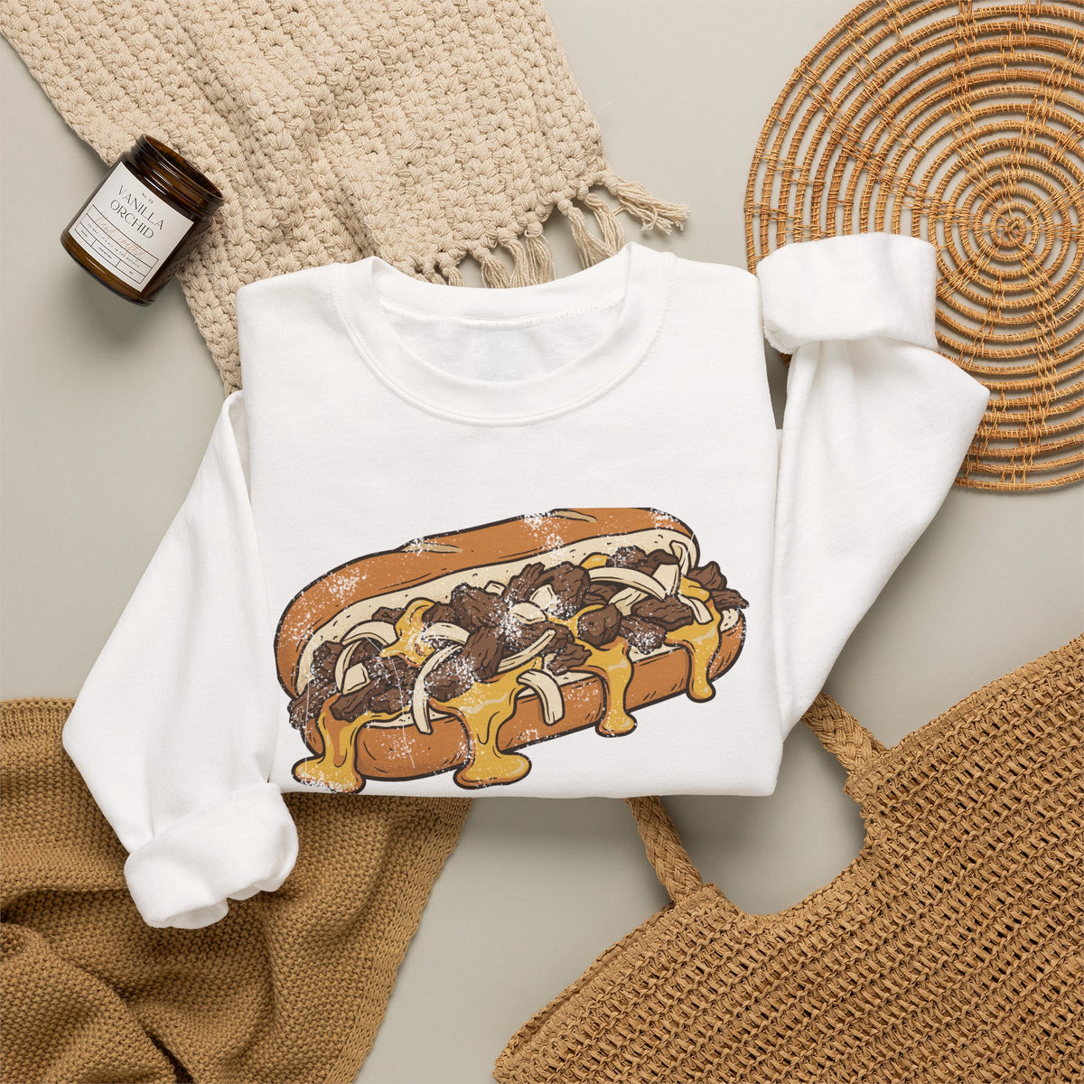 Philly Cheesesteak Retro Food Illustration Crewneck Sweatshirt