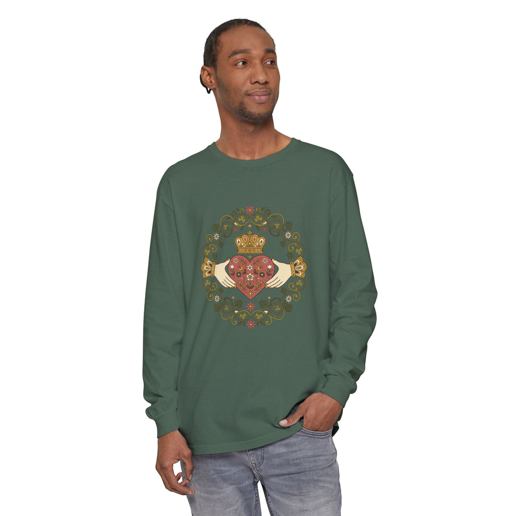 Claddagh Florals Folk Art Shamrock Wreath Long Sleeve Tee