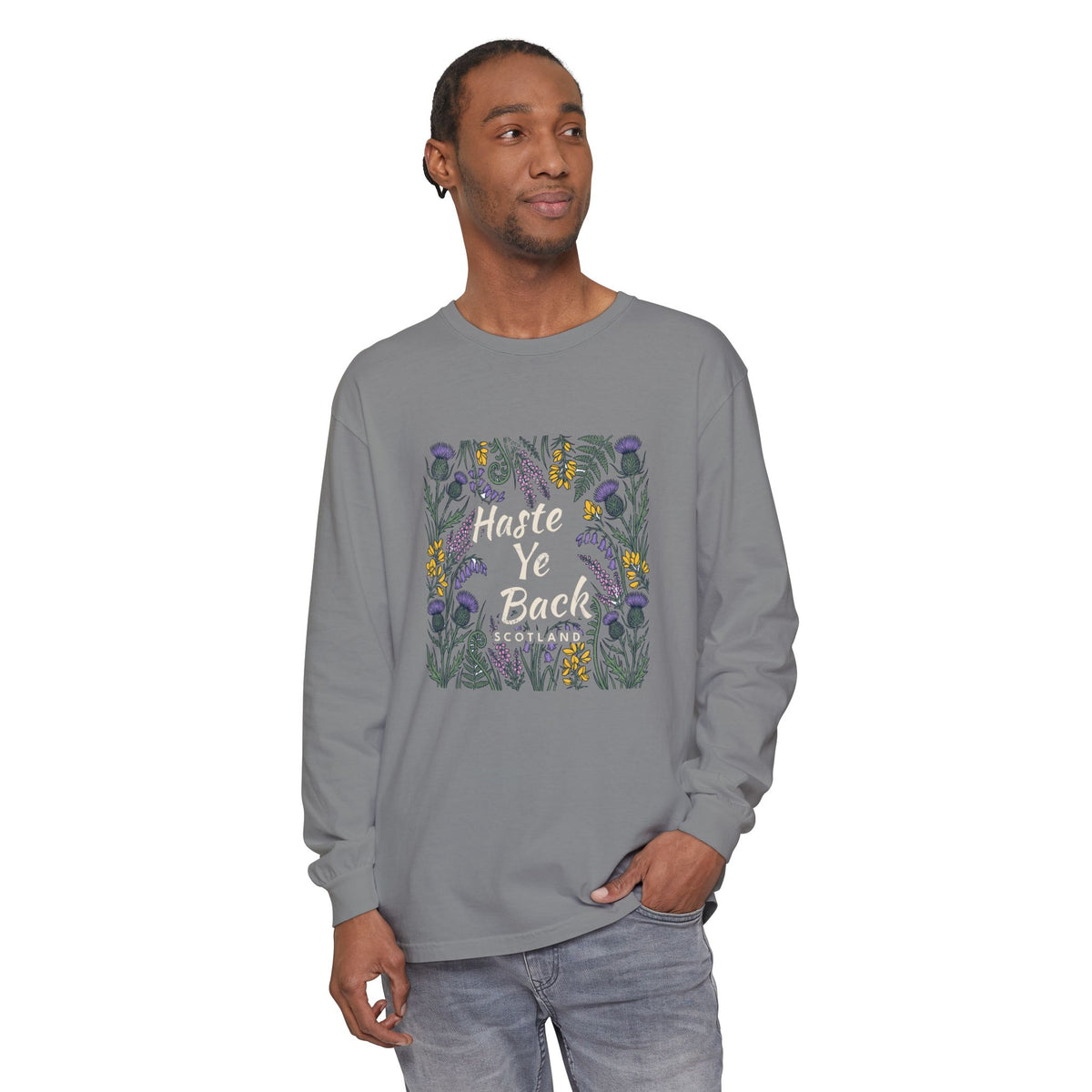 Haste Ye Back Scotland Thistle Wildflowers Long Sleeve Tee