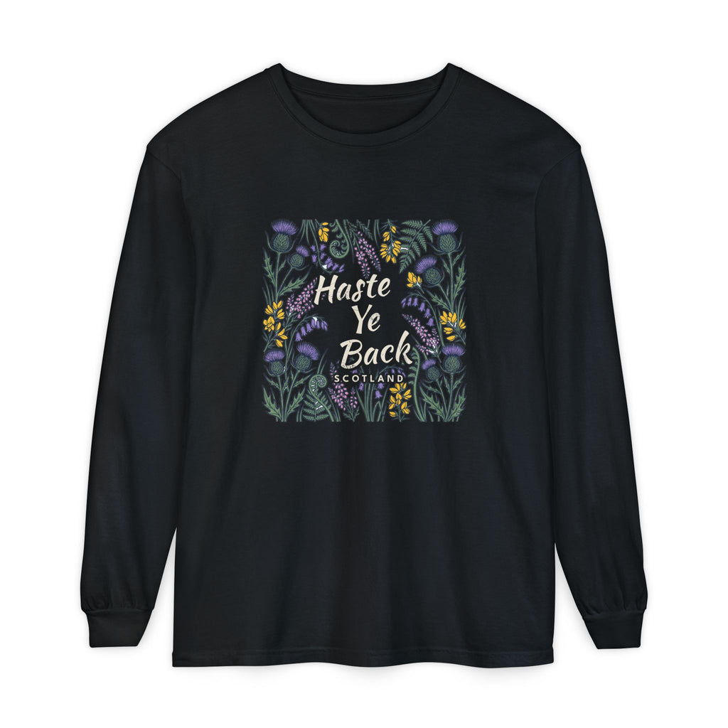 Haste Ye Back Scotland Thistle Wildflowers Long Sleeve Tee