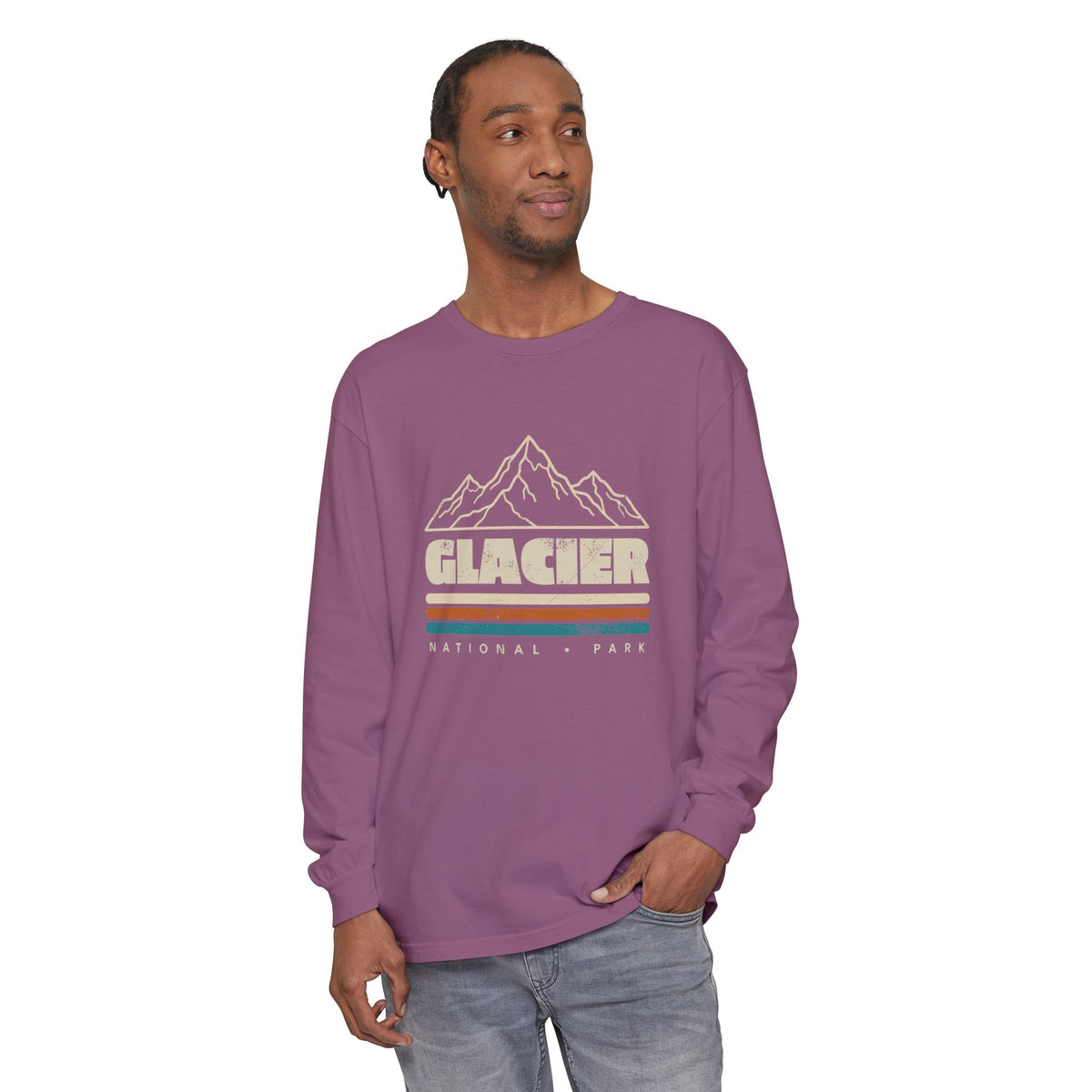 Glacier National Park Retro Mountain Stripes Long Sleeve Tee