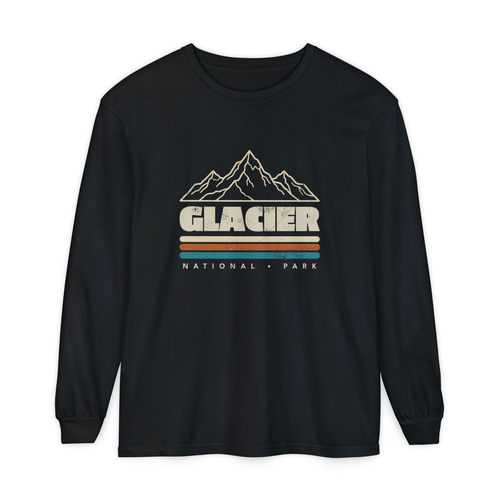 Glacier National Park Retro Mountain Stripes Long Sleeve Tee