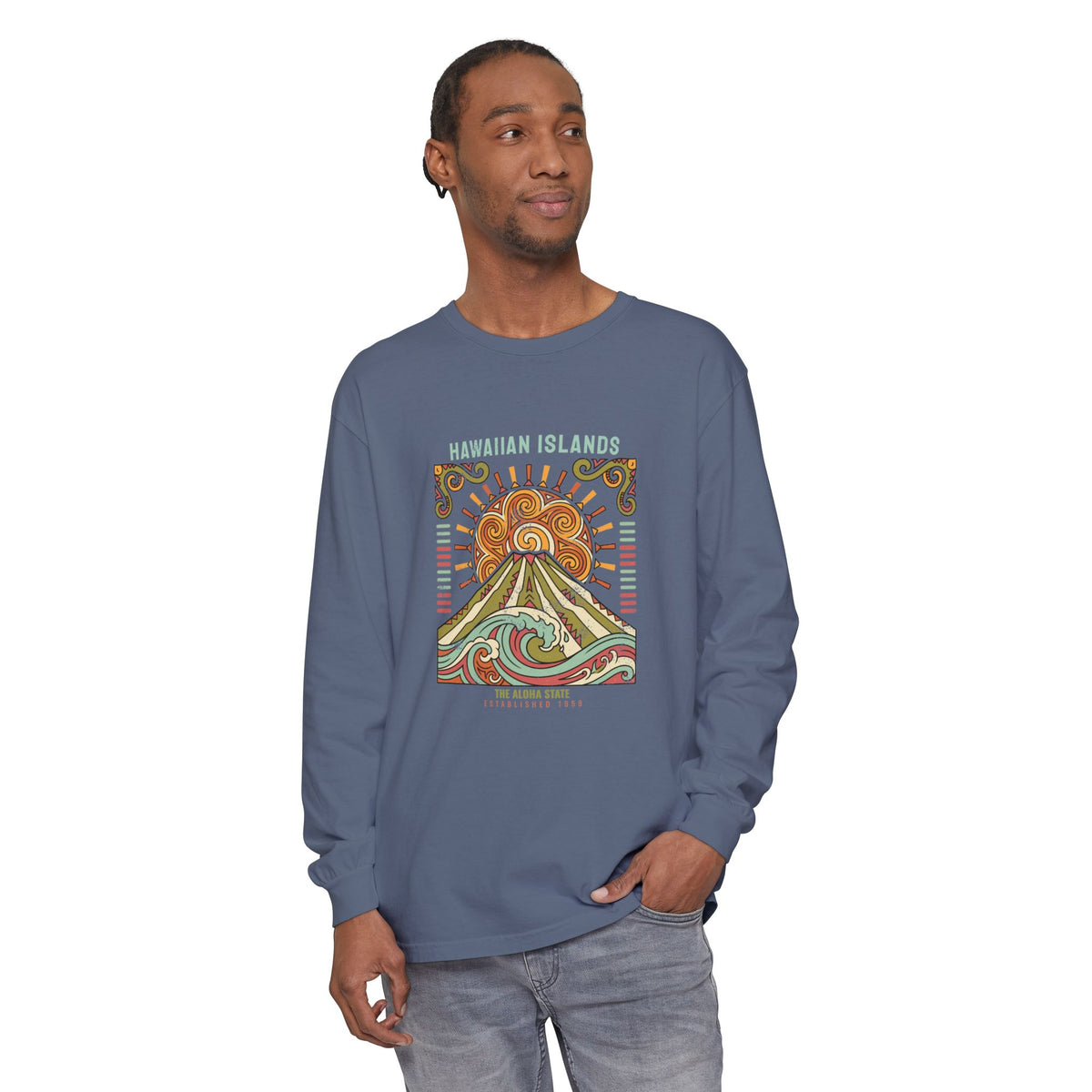 Aloha State Volcano Tattoo Sunrise Wave Long Sleeve Tee