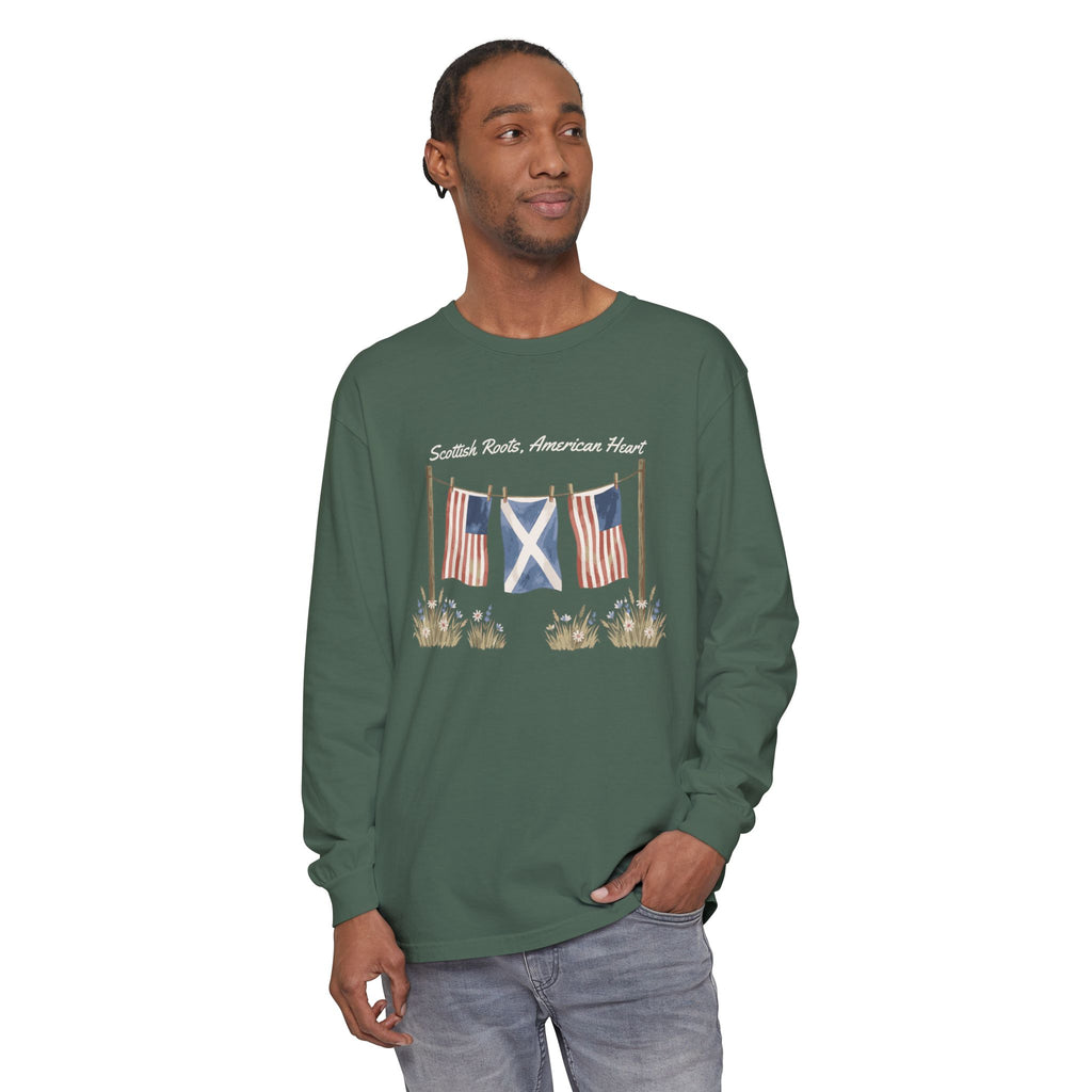 Scottish Roots American Heart Watercolor Flags Long Sleeve Tee