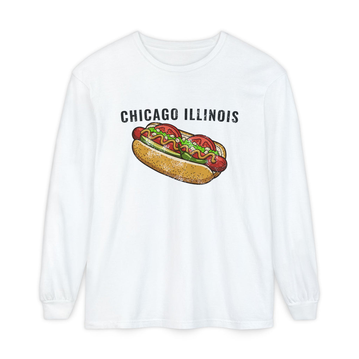 Chicago Style Hot Dog Retro Food Illustration Long Sleeve Tee