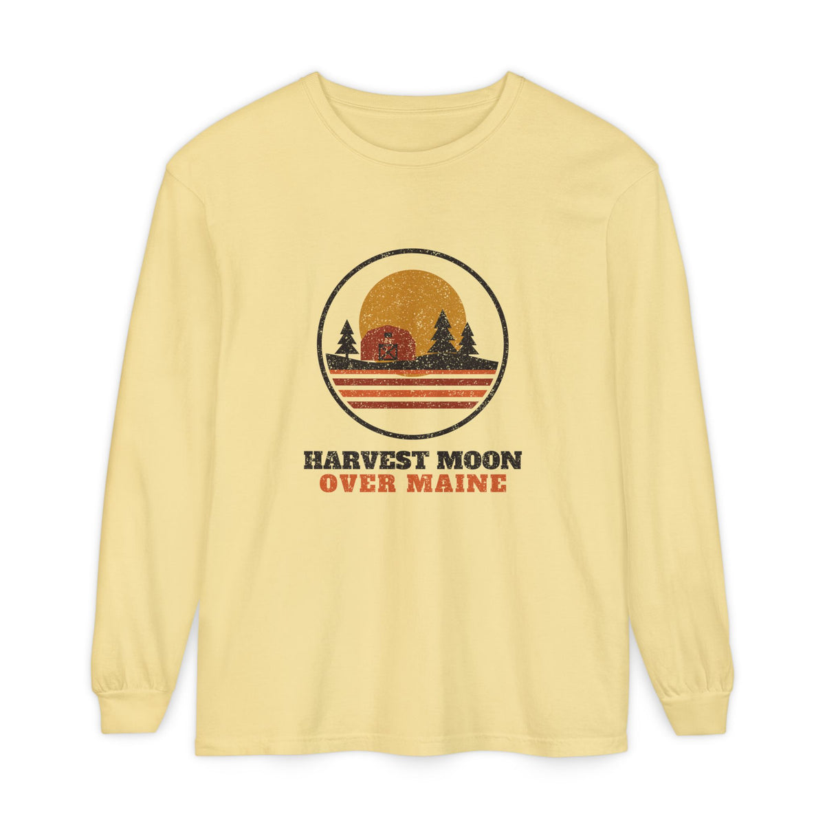 Harvest Moon Over Maine Retro Badge Long Sleeve Tee