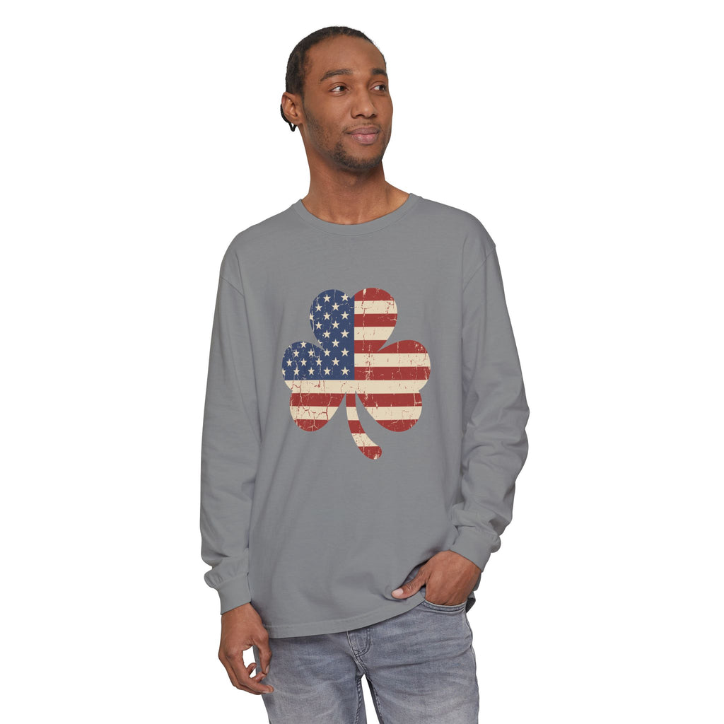 Irish American Flag Shamrock Distressed Vintage Long Sleeve Tee