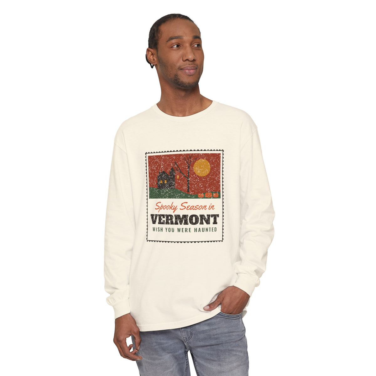 Spooky Season in Vermont Haunted Postcard Long Sleeve Tee