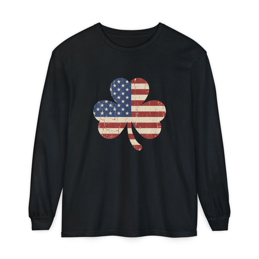 Irish American Flag Shamrock Distressed Vintage Long Sleeve Tee